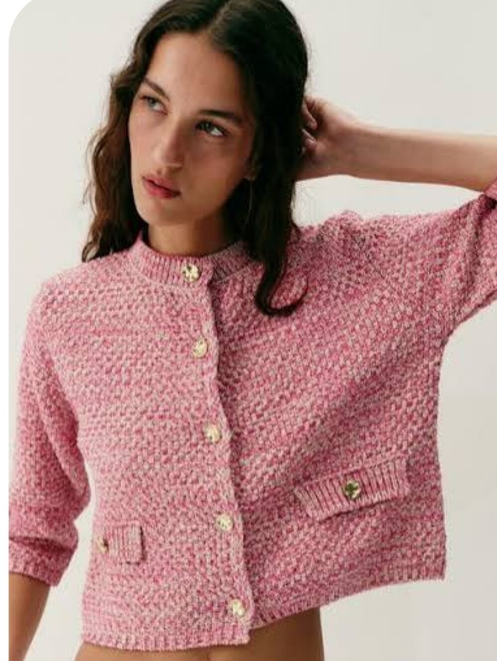 Zara Pink French Sleeve Knit Cardigan with Gold Button Sm Quiet Luxury Classic
